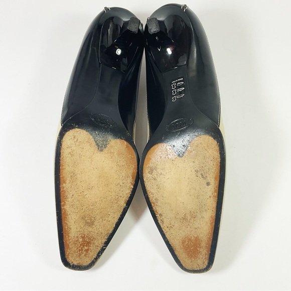 Vintage Tod's Black & Beige Leather Kitten Heels Penny Loafers Shoes - Picture 7 of 8